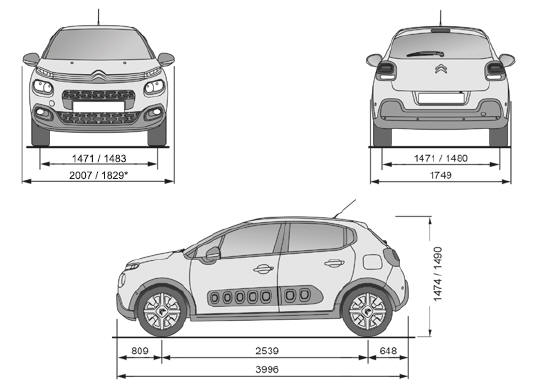 Citoen C3. Fahrzeugabmessungen (in mm)